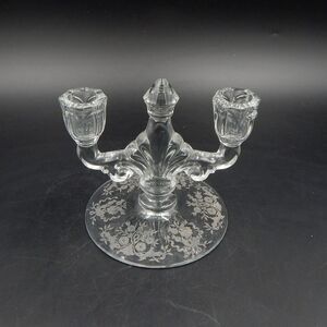 Heisey Trident Double Candlestick Holder Candelabra Etched Cornucopia Floral